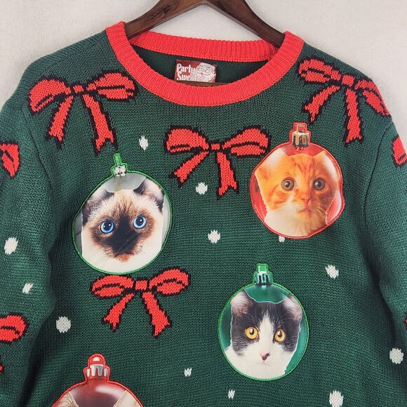 Party Sweater Dec 25 Ugly Christmas Sweater Unisex L Green/Red Cat Ornaments - Picture 4 of 15